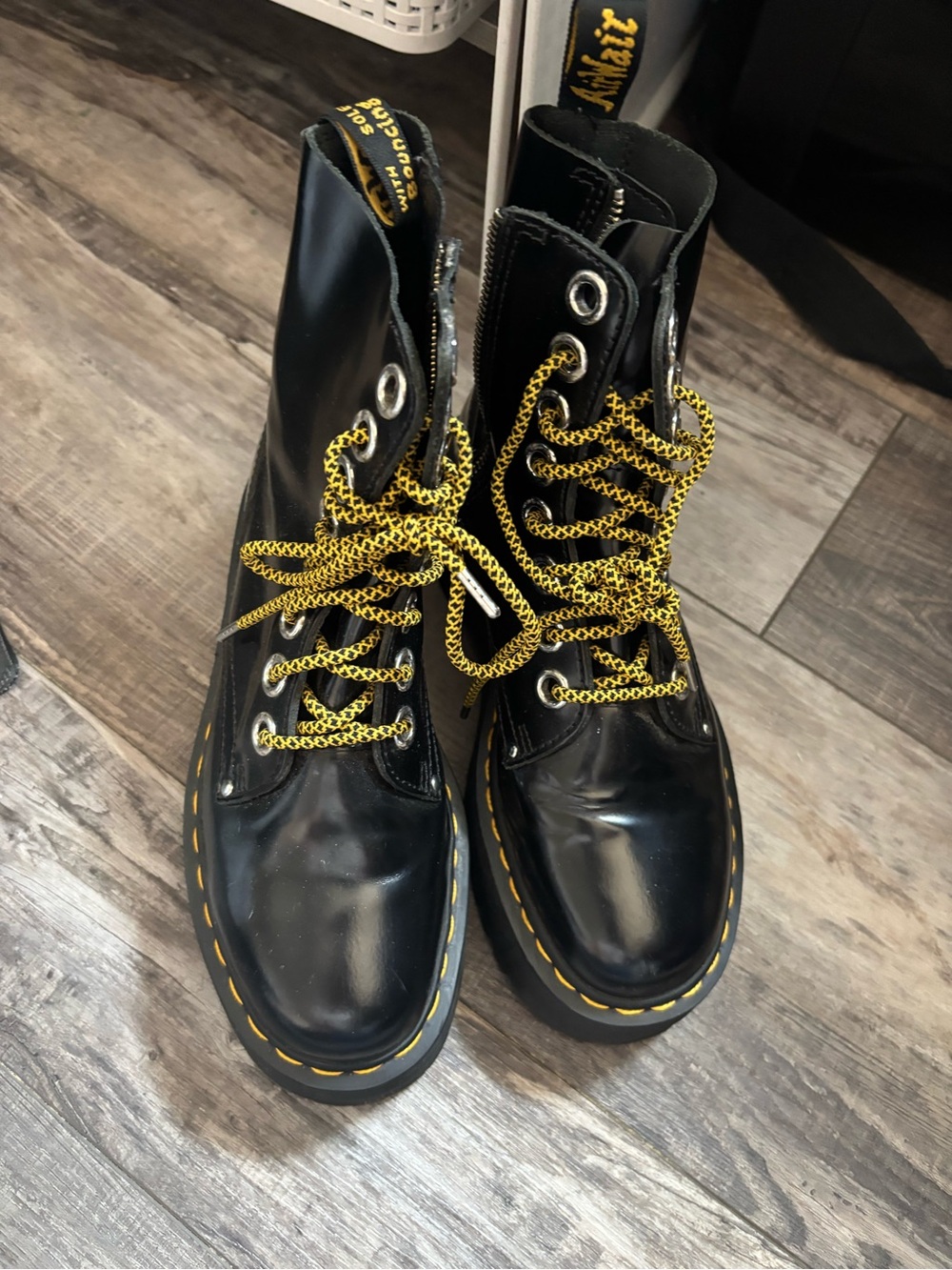 Dr. Martens Black Leather Lace-Up Boots with Yellow Stitching and Laces